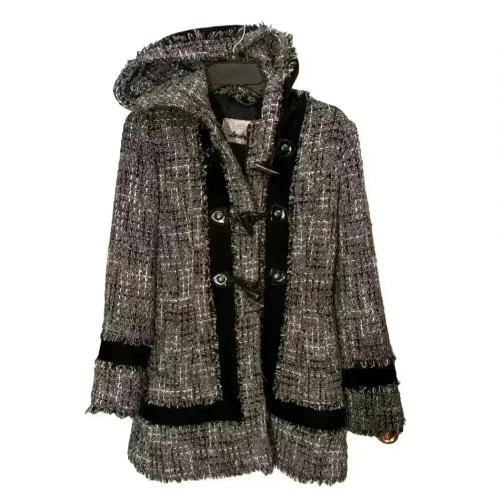 Women's size small grey guess wool blend toggle button and zip hooded pea coat
